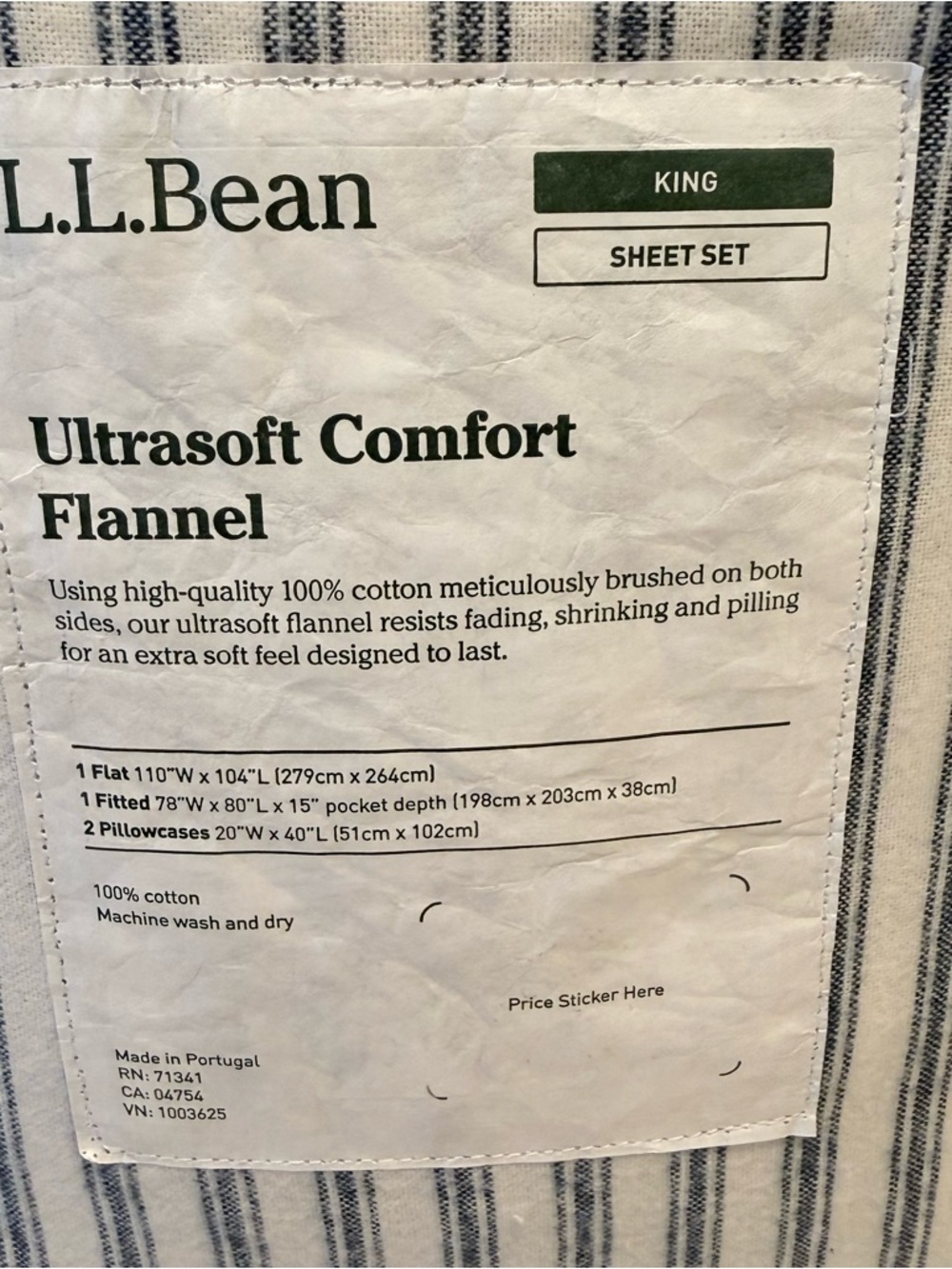 L.L. Bean King Ultrasoft Comfort Flannel Sheet Set Mariner Blue Stripe NWT $200 - Picture 8 of 12